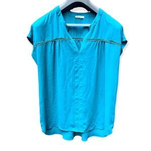 PLEIONE LADDER STITCHING BOXY FIT SHORT SLEEVE BLOUSE TOP KELLY GREEN MEDIUM